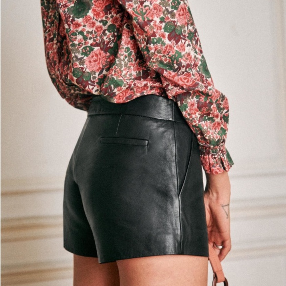 Sezane “Harlow” Shorts, Black Leather